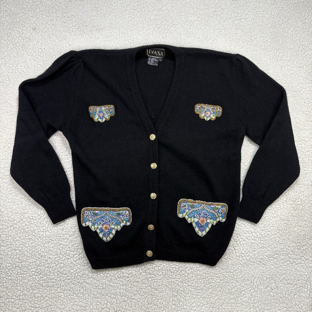 VTG Ivana Lambswool Angora Cardigan Sweater Sz L Black Beaded Gold Buttons Knit